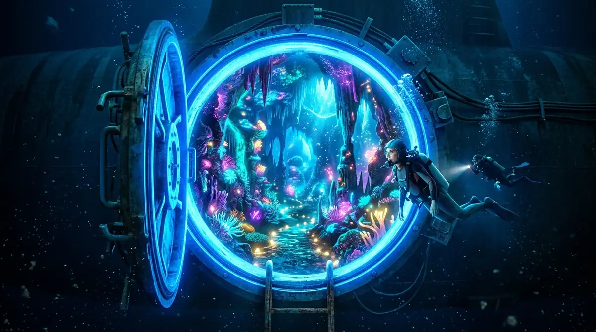 Glowing circular submarine hatch portal